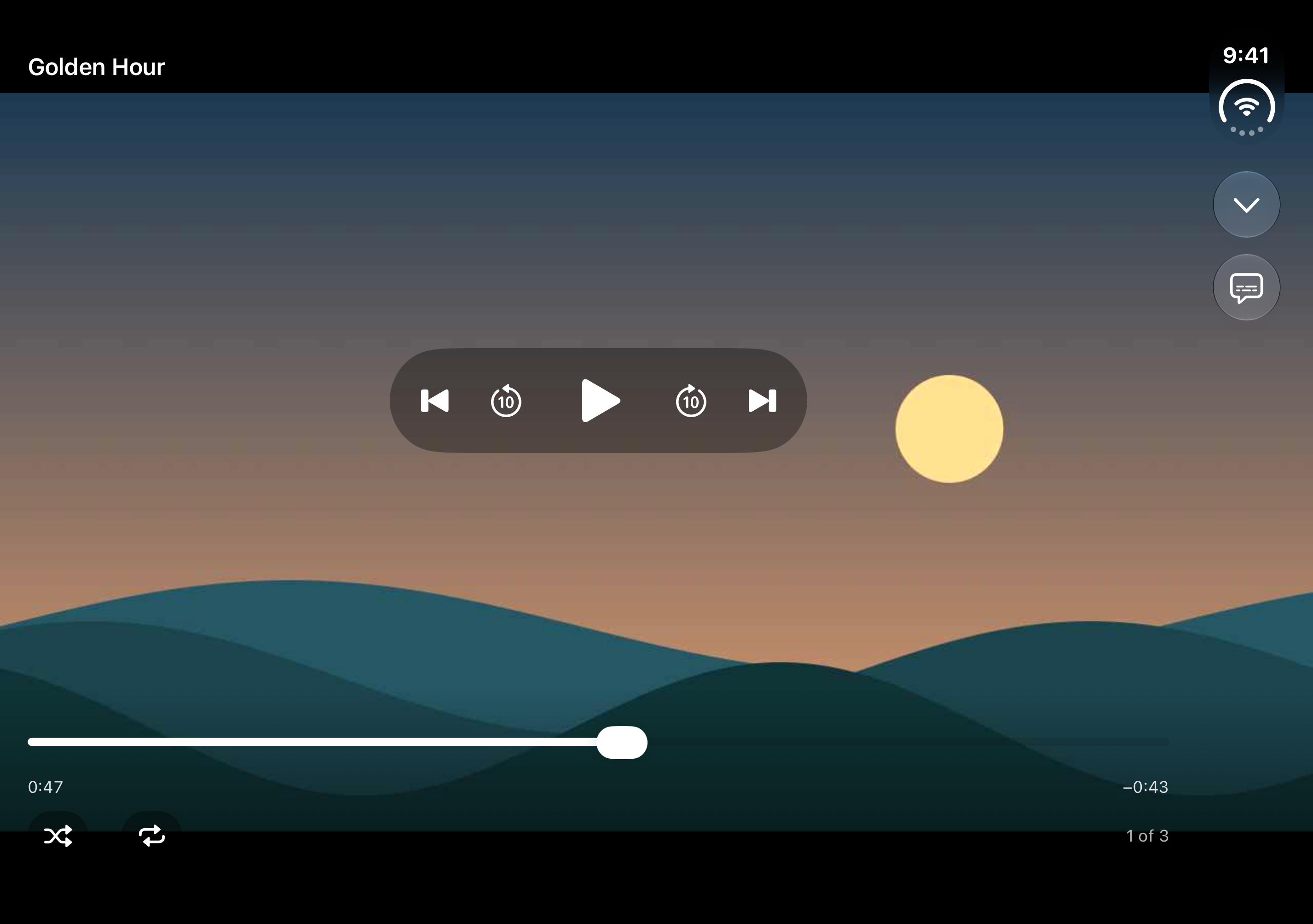 Screenoir playing the original Golden Hour landscape demo on the unfolded iPhone Duo, with playback controls visible